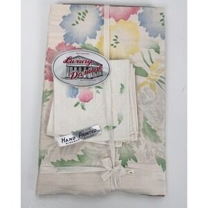 VTG DAMASK Linen Pastel Floral Tablecloth (47x47) & Napkins (3) NOS‎ Handpainted